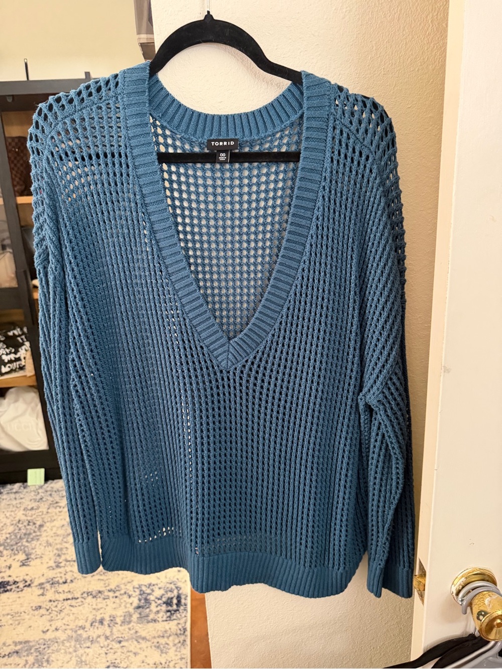 Torrid Blue Open-Knit V-Neck Sweater